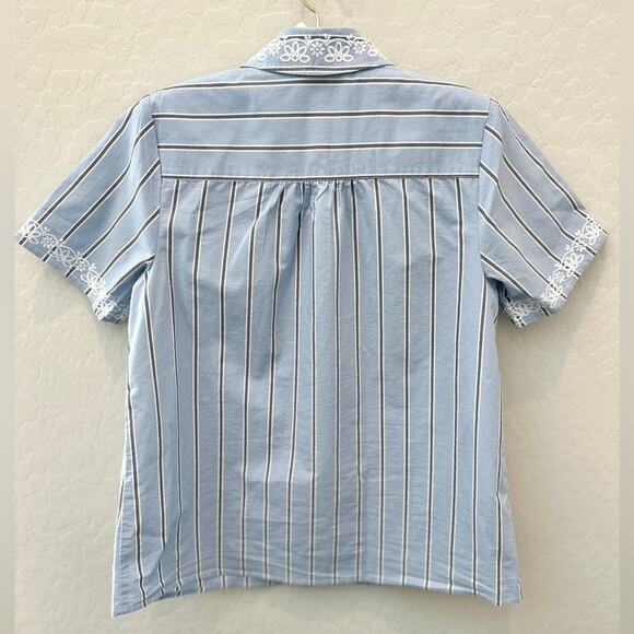 DENIM & CO Blue Striped Shirt Embroidered Collar Short Sleeve Button Front | XXS - Picture 4 of 6